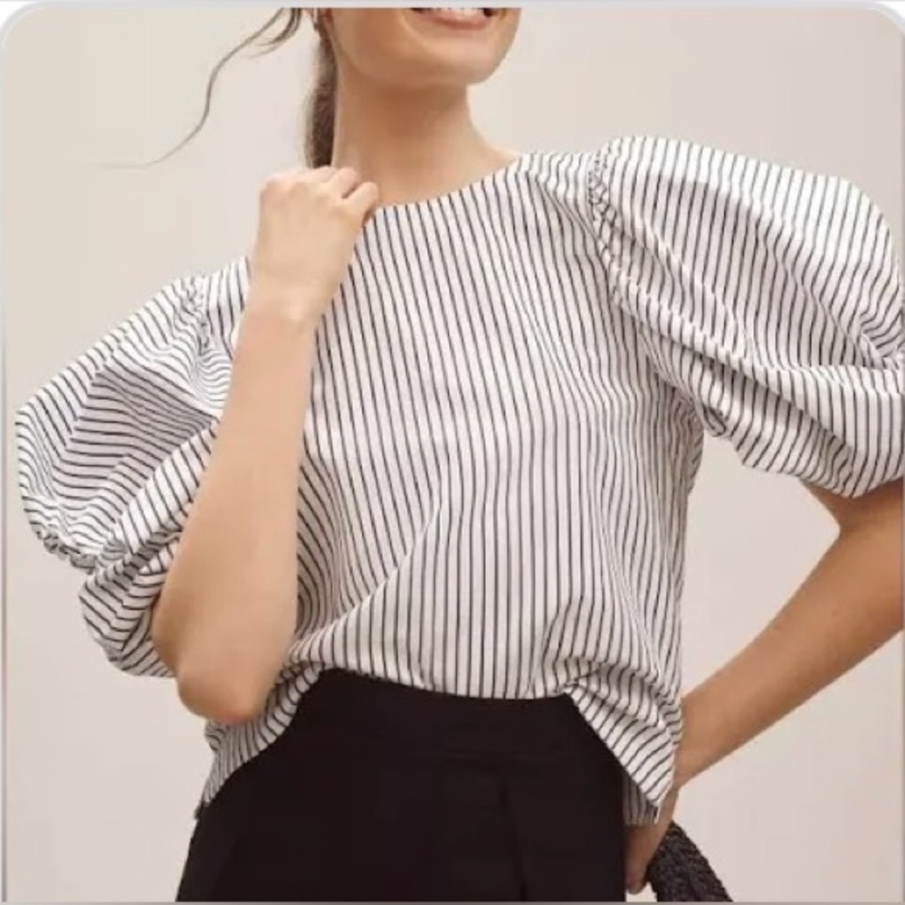 Maeve Black and White Striped Blouse with Puff Sleeves